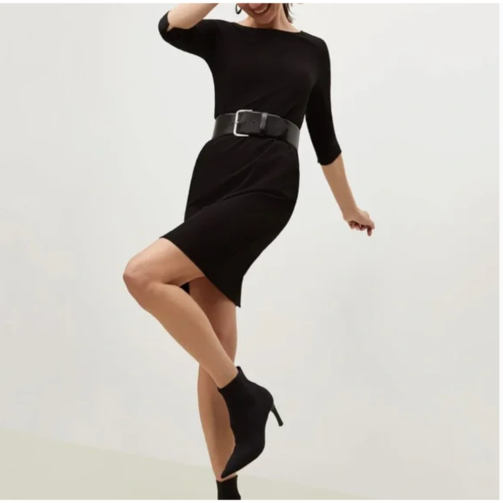 MM Lafleur Etsuko Dress 14 Black Sheath Academia Career Stretch Quiet Luxury - Picture 3 of 7